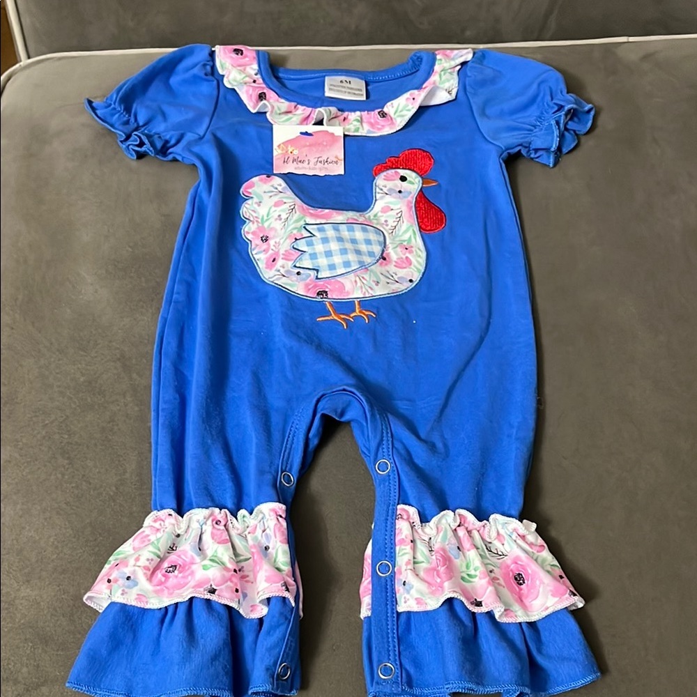Blue Baby Romper with Chicken Appliqué